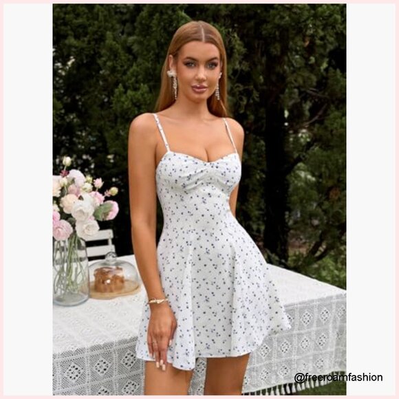 White Floral A-Line Mini Dress Sweetheart Neck Spaghetti Strap Zipper Back - Picture 4 of 7